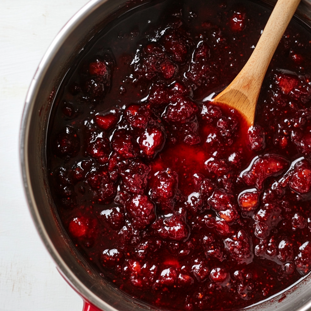 Simmering pot of thick strawberry rhubarb jam recipe on stove