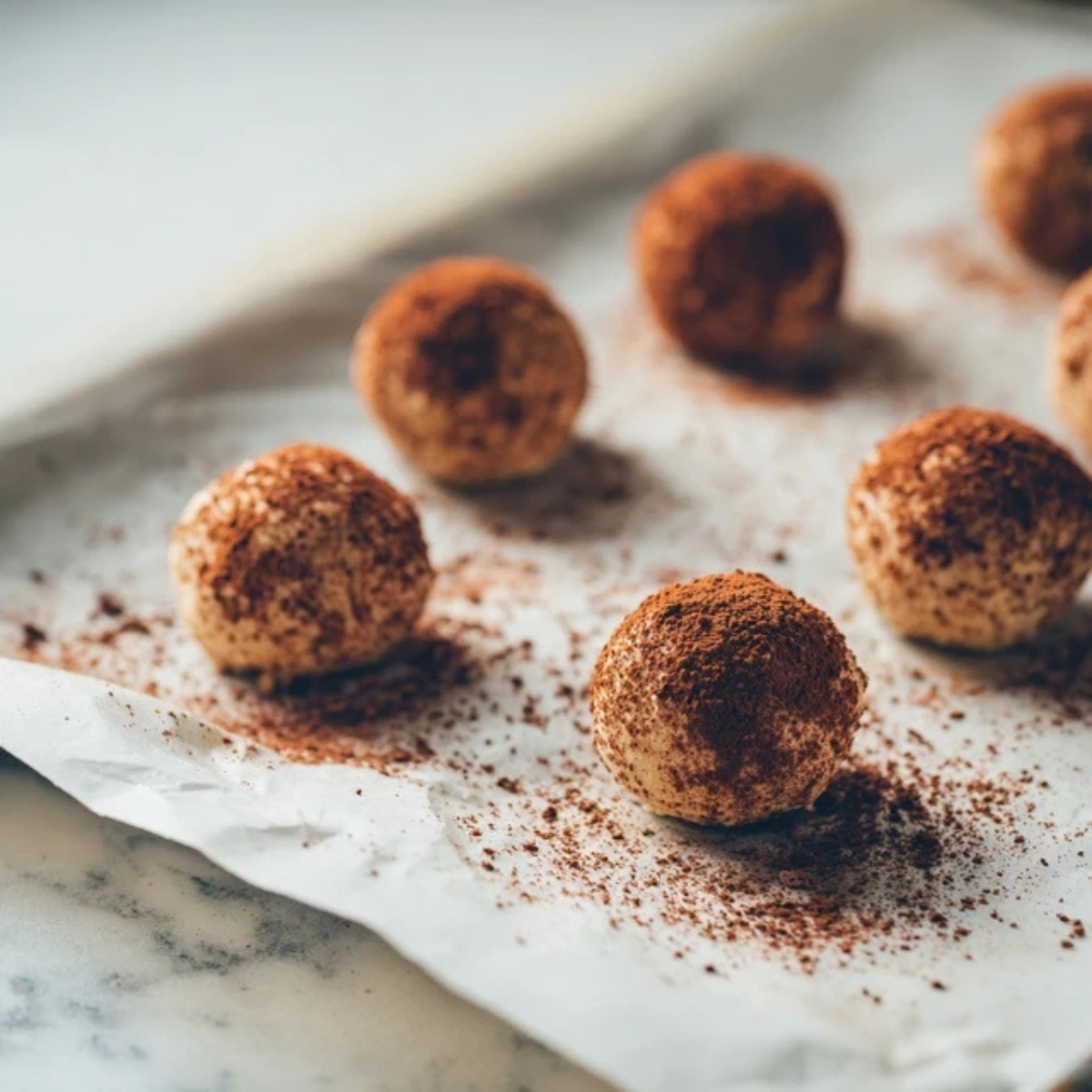tiramisu balls lined on parchment paper overhead