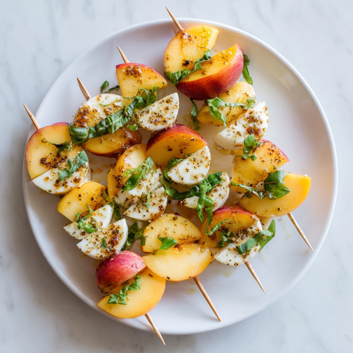 Assembled Peach Caprese Skewers with basil, mozzarella, and peach