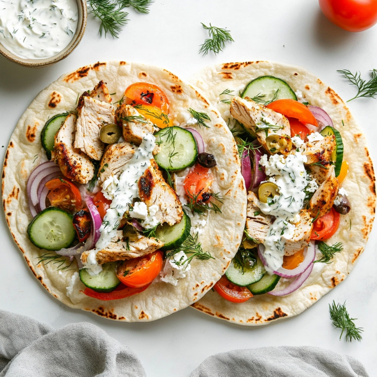 assembled Sheet Pan Chicken Pitas with roasted vegetables and toppings