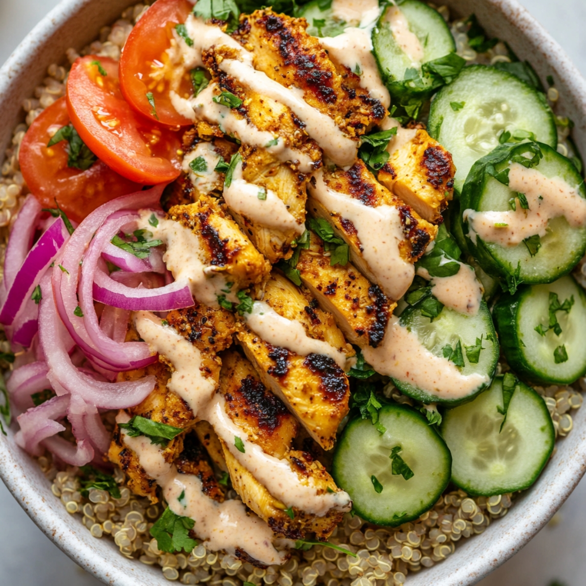 Assembled healthy chicken shawarma bowl with toppings and sauce