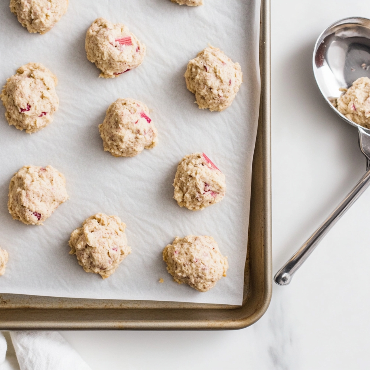 Scooped cookie dough ready to bake for brown sugar rhubarb cookies
