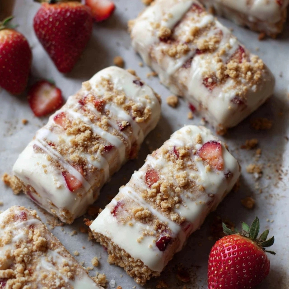 Finished strawberry shortcake ice cream bars coated with cookie crumbs