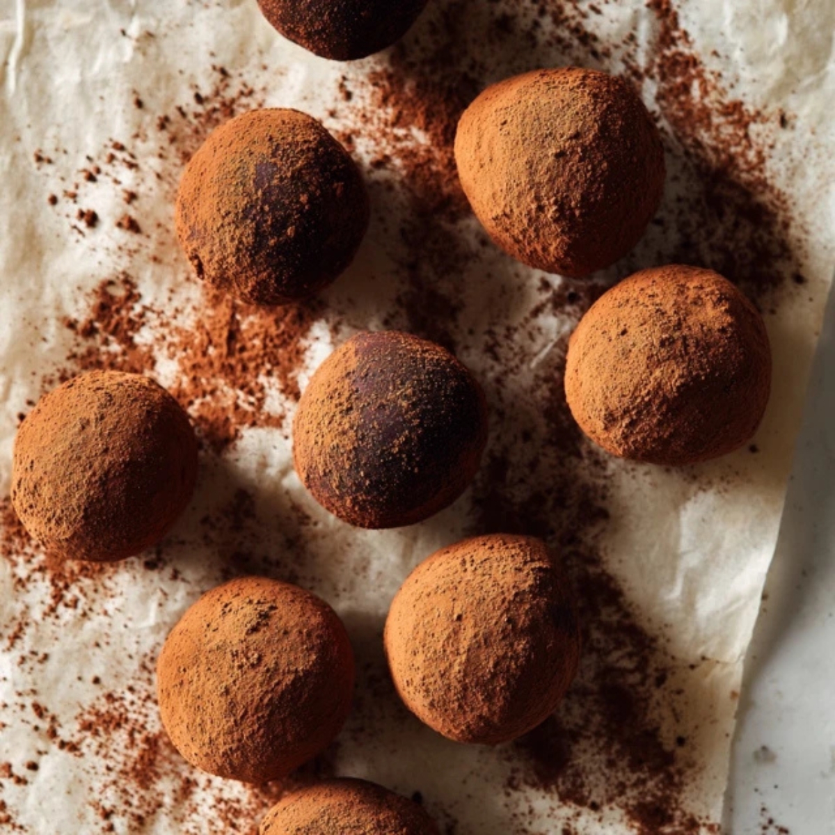 tiramisu balls dusted with cocoa on white counter