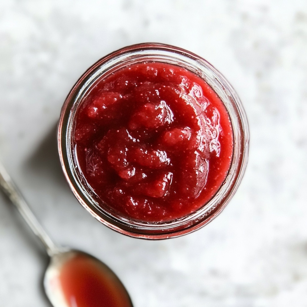 Cooled strawberry rhubarb sauce in jar ready to serve or store.