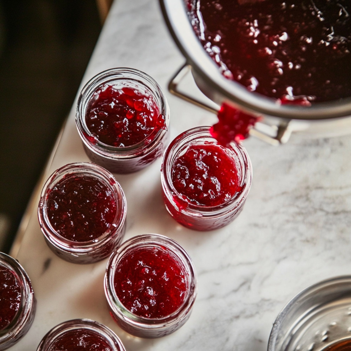 Jars filled with homemade strawberry rhubarb jam recipe on counter