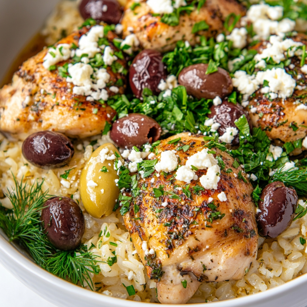 Finished Greek chicken and rice with olives, feta, and herbs