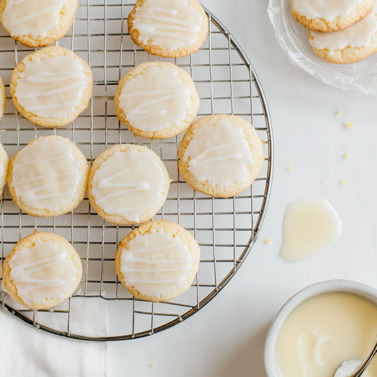 Glazed lemon sugar cookie recipe cookies cooling on rack.