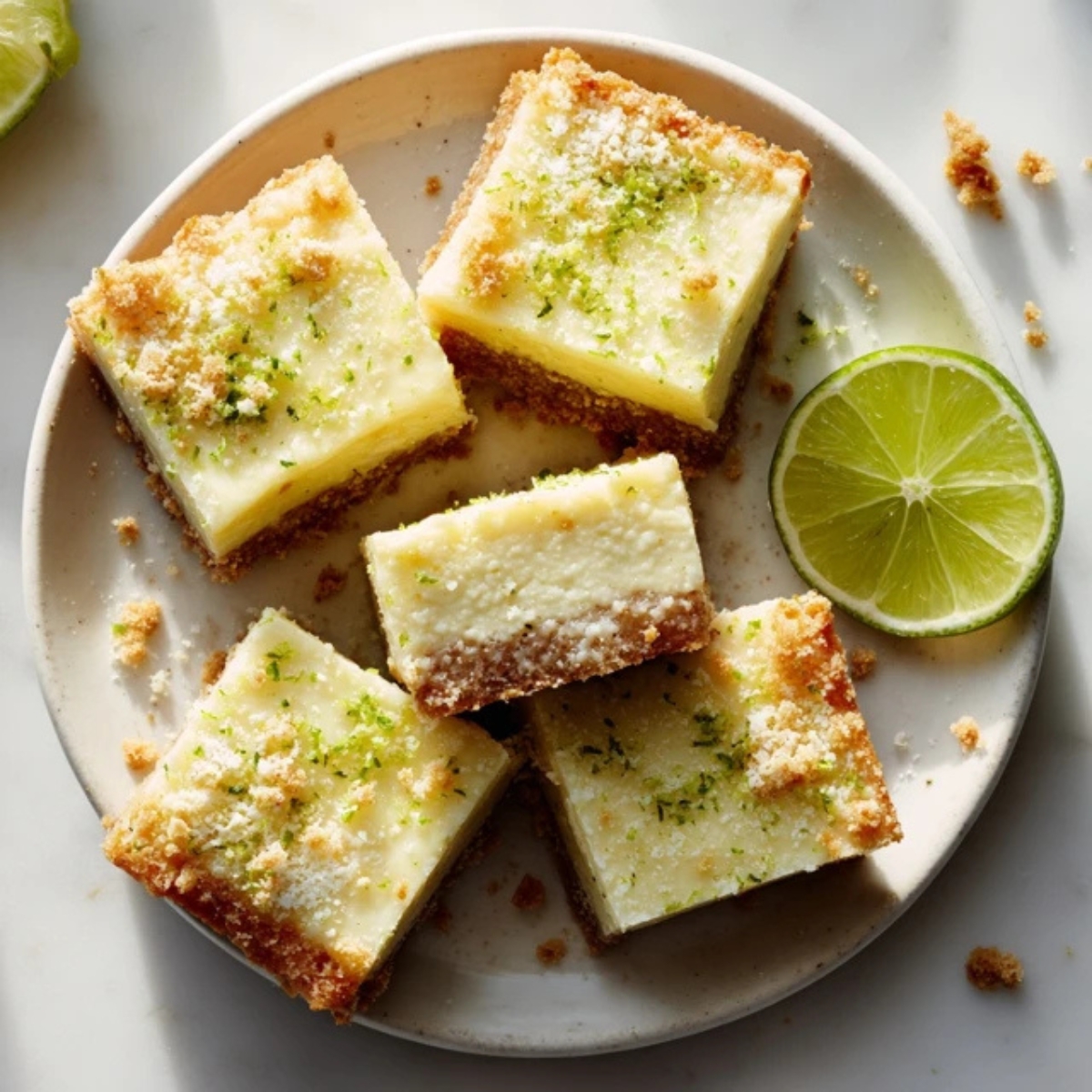 Chilled key lime bars in pan on kitchen counter