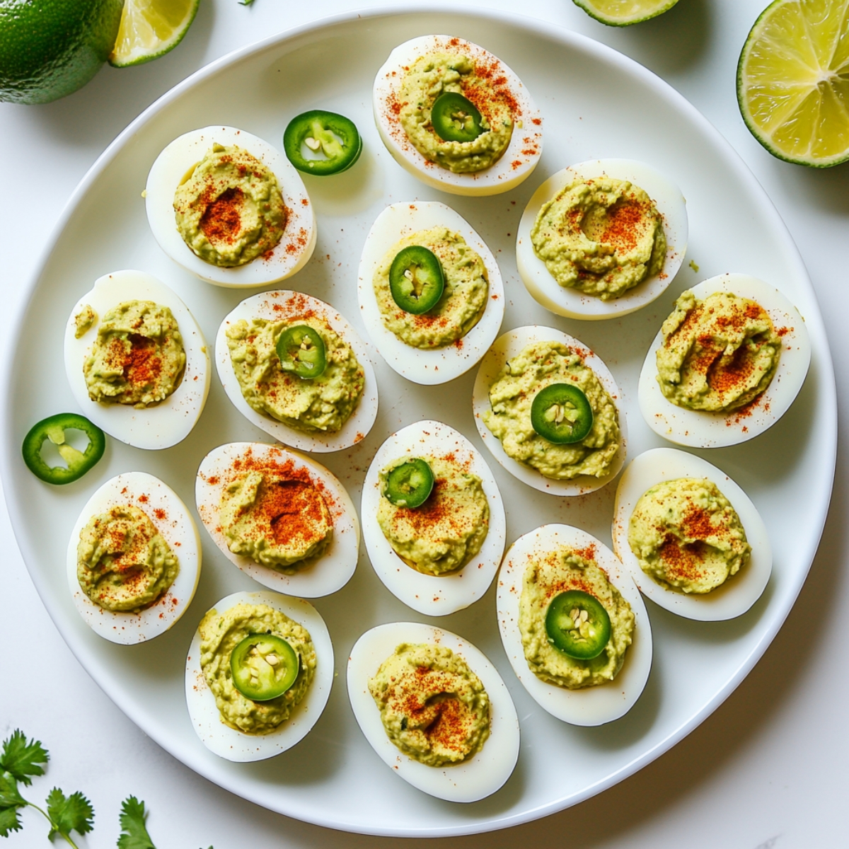 garnished Mexican deviled eggs on serving platter with lime