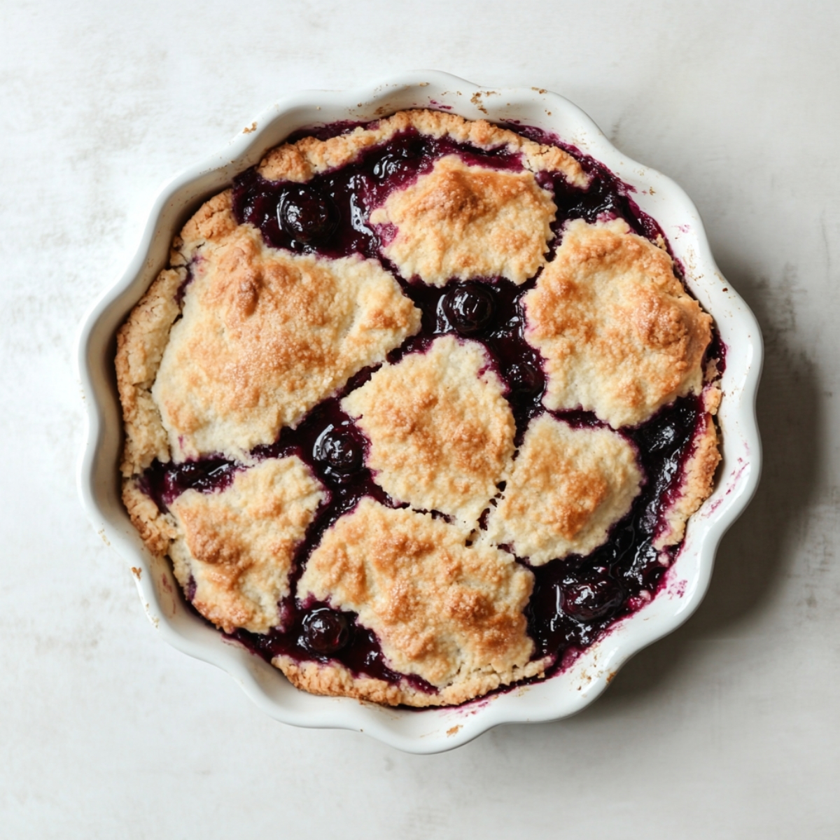 baked mulberry cobbler in round white dish on counter