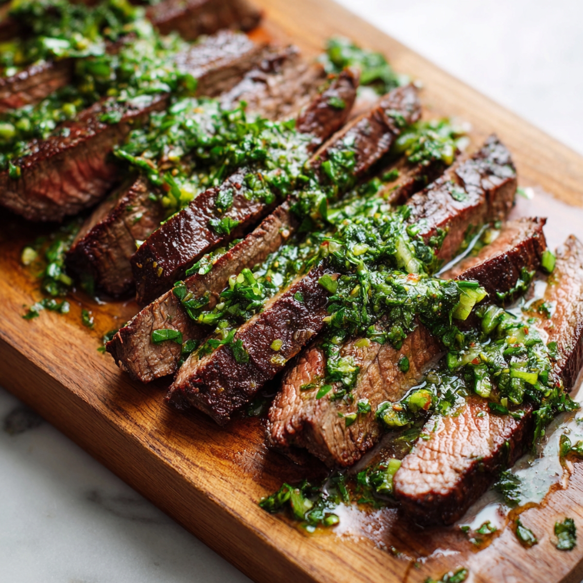 Close-up of sliced chimichurri flank steak topped with herb sauce