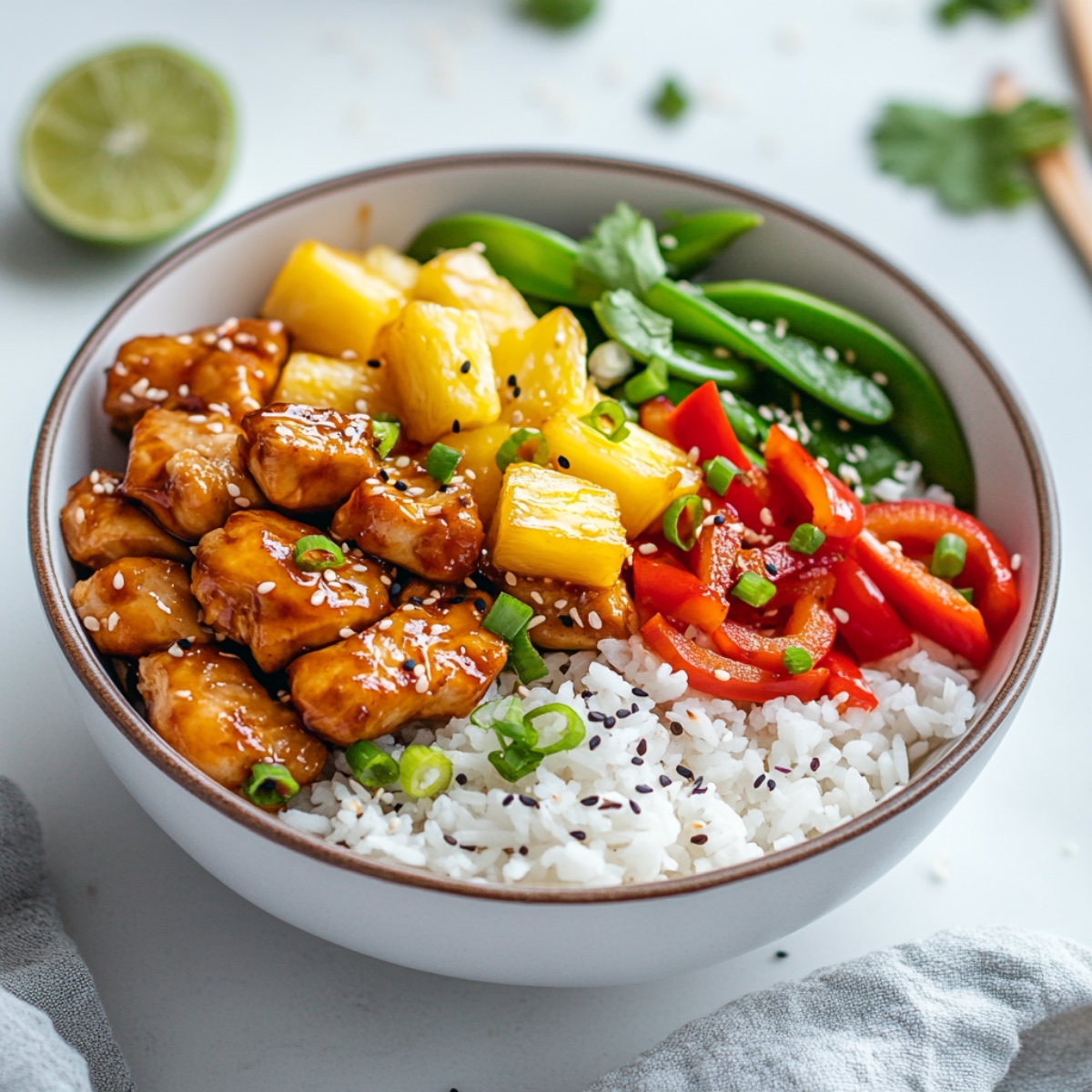 assembled chicken teriyaki pineapple bowl with toppings