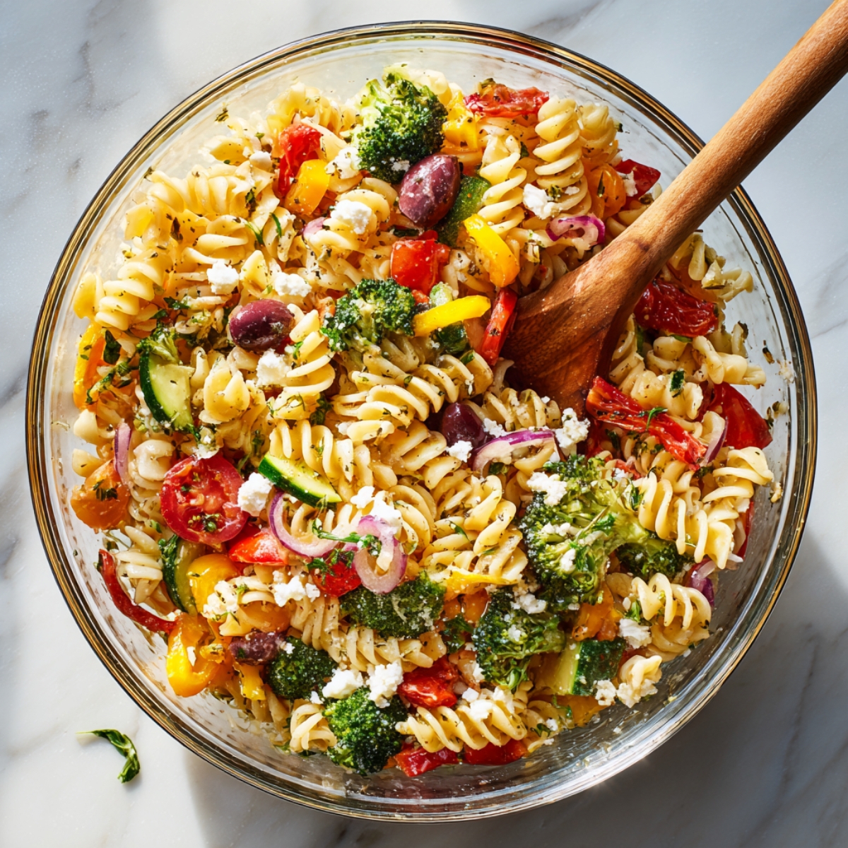 Tossed vegetable pasta salad in a large mixing bowl