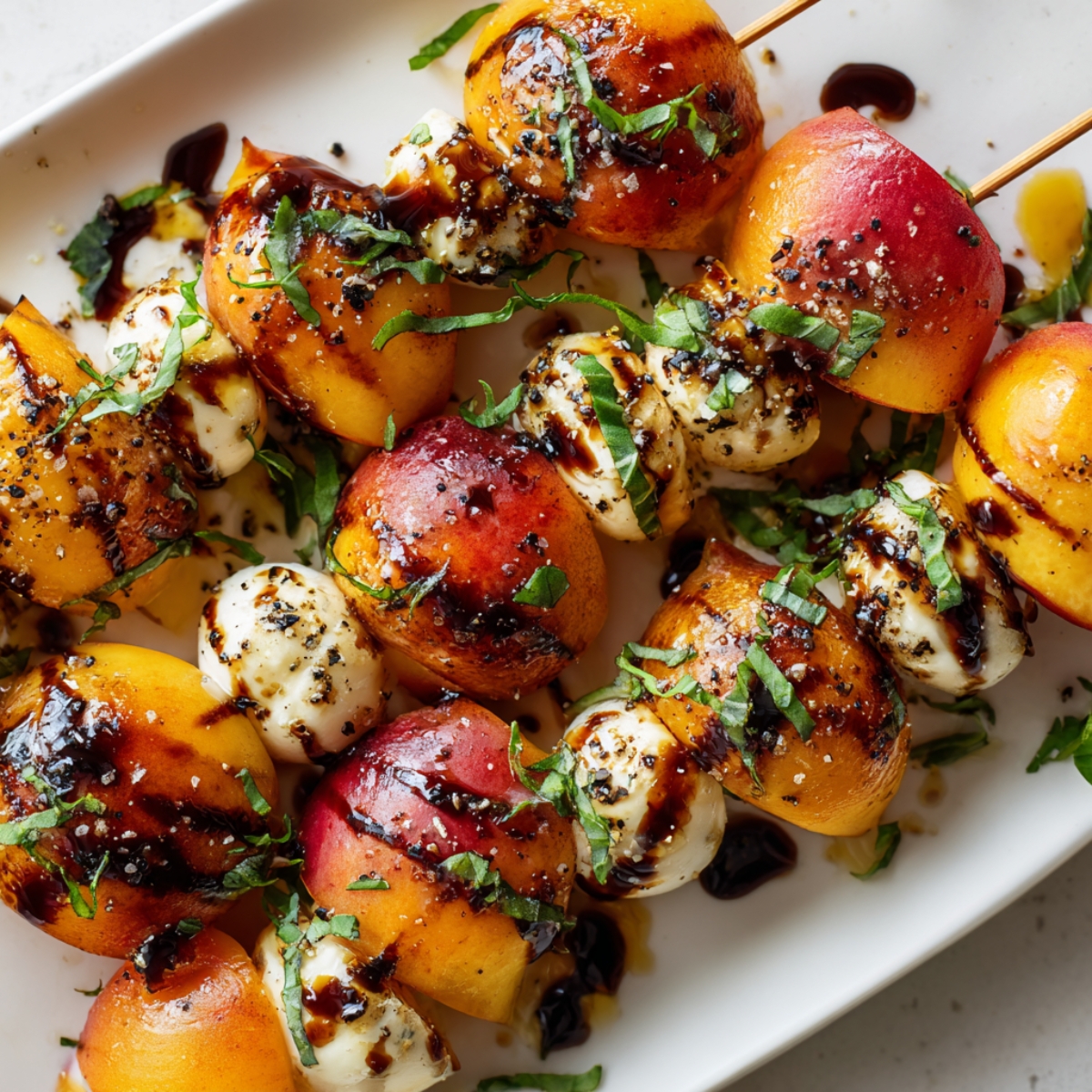 Finished Peach Caprese Skewers with balsamic glaze and olive oil