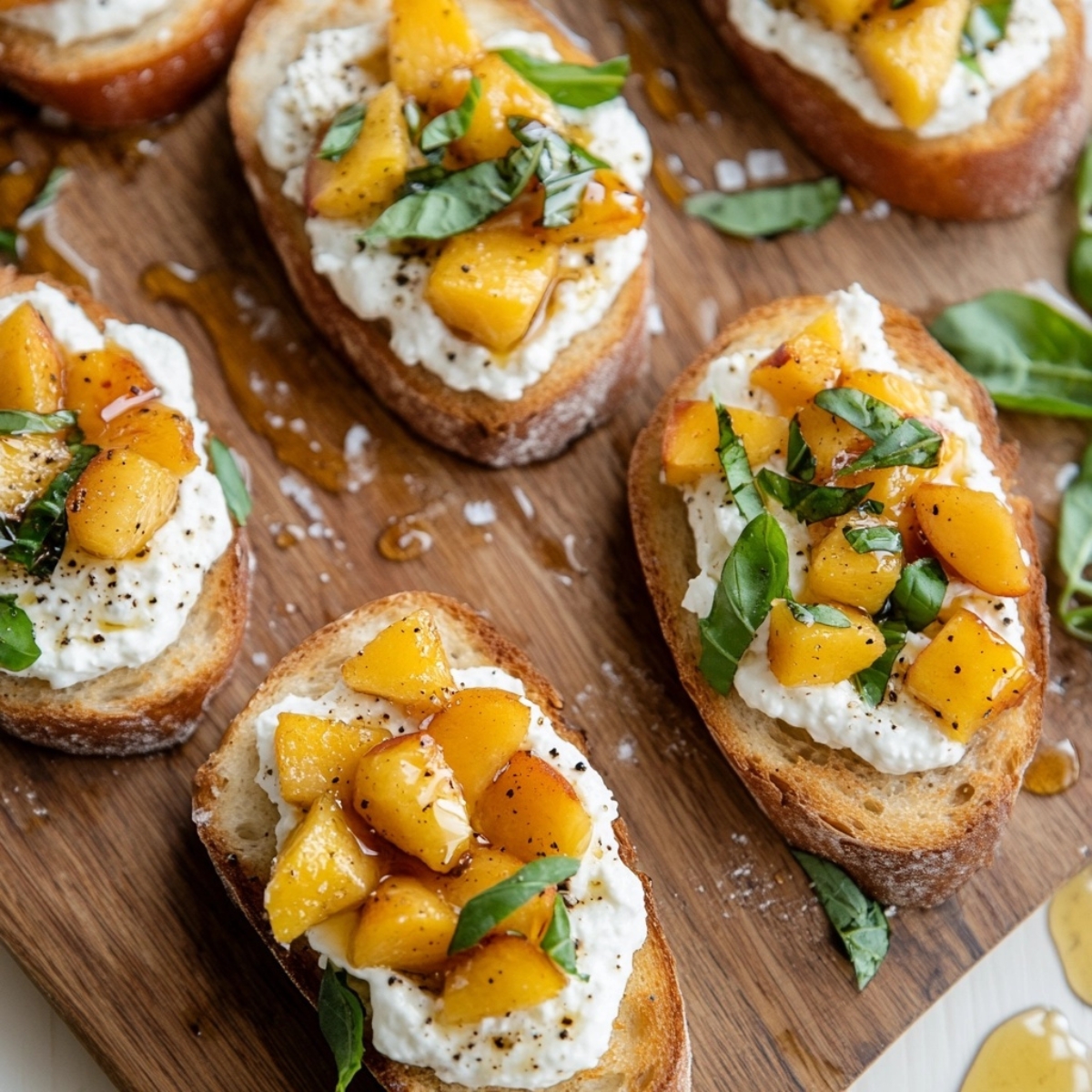 assembled Peach Bruschetta with diced peaches and goat cheese