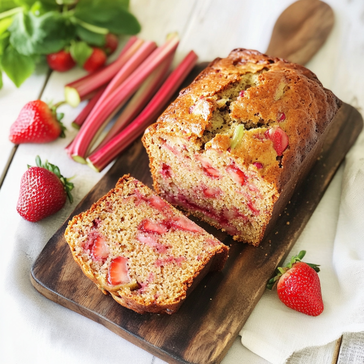 baked strawberry rhubarb bread loaf sliced on a wooden cutting board