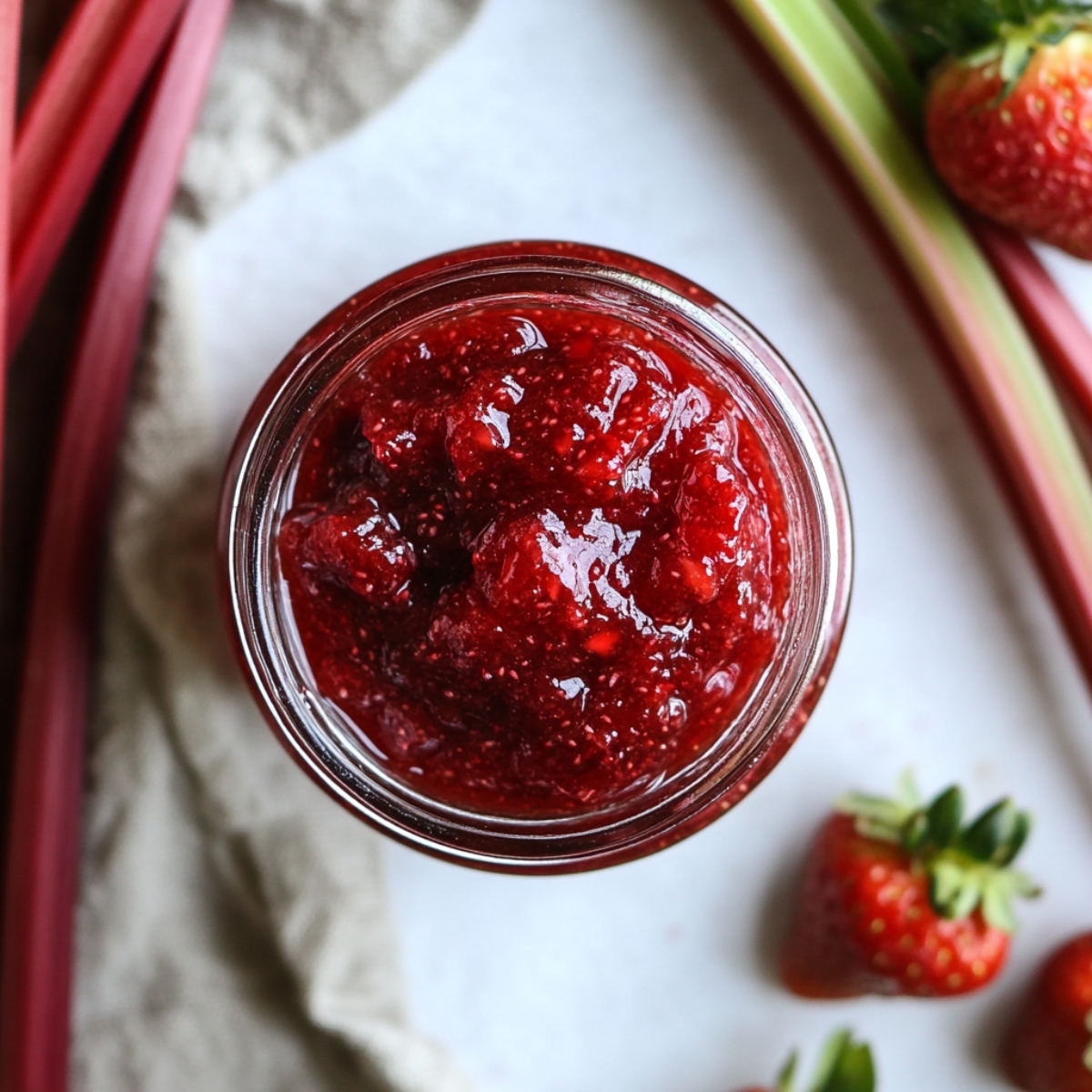 Jar of strawberry rhubarb jam recipe with toast on white counter