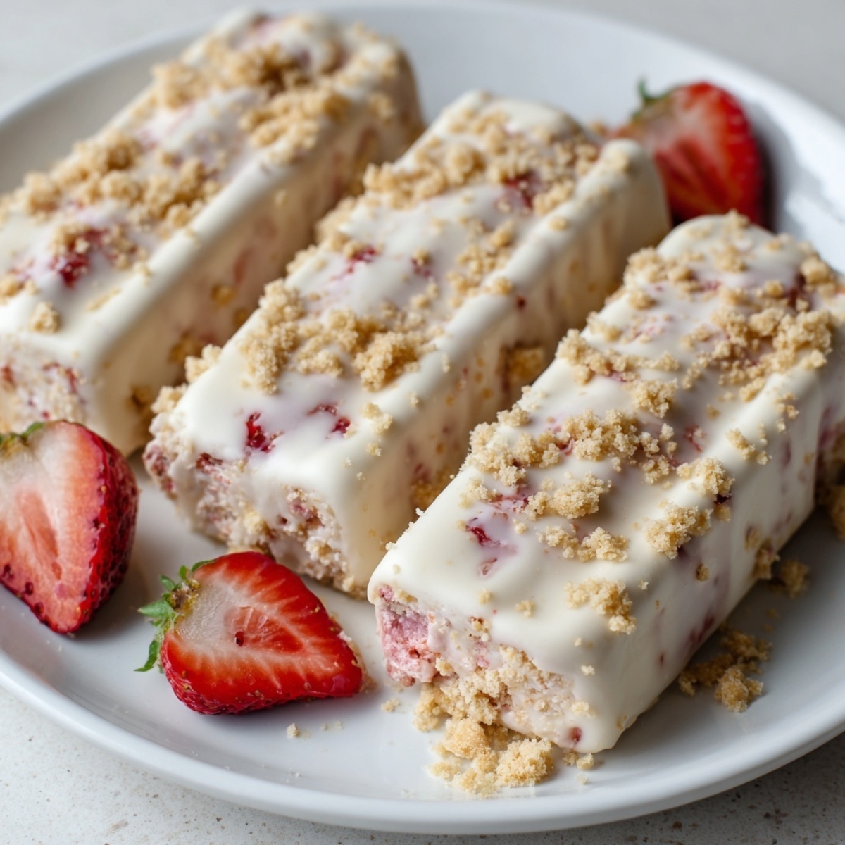 Homemade strawberry shortcake ice cream bars served on white plate

