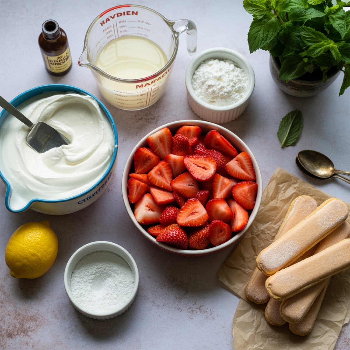 closeup of ingredients for strawberry tiramisu recipe