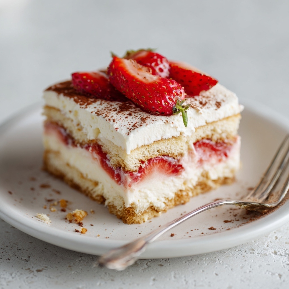 closeup of sliced chilled strawberry tiramisu