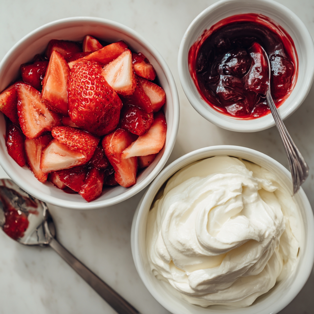closeup of whipped cream, strawberries, and mascarpone