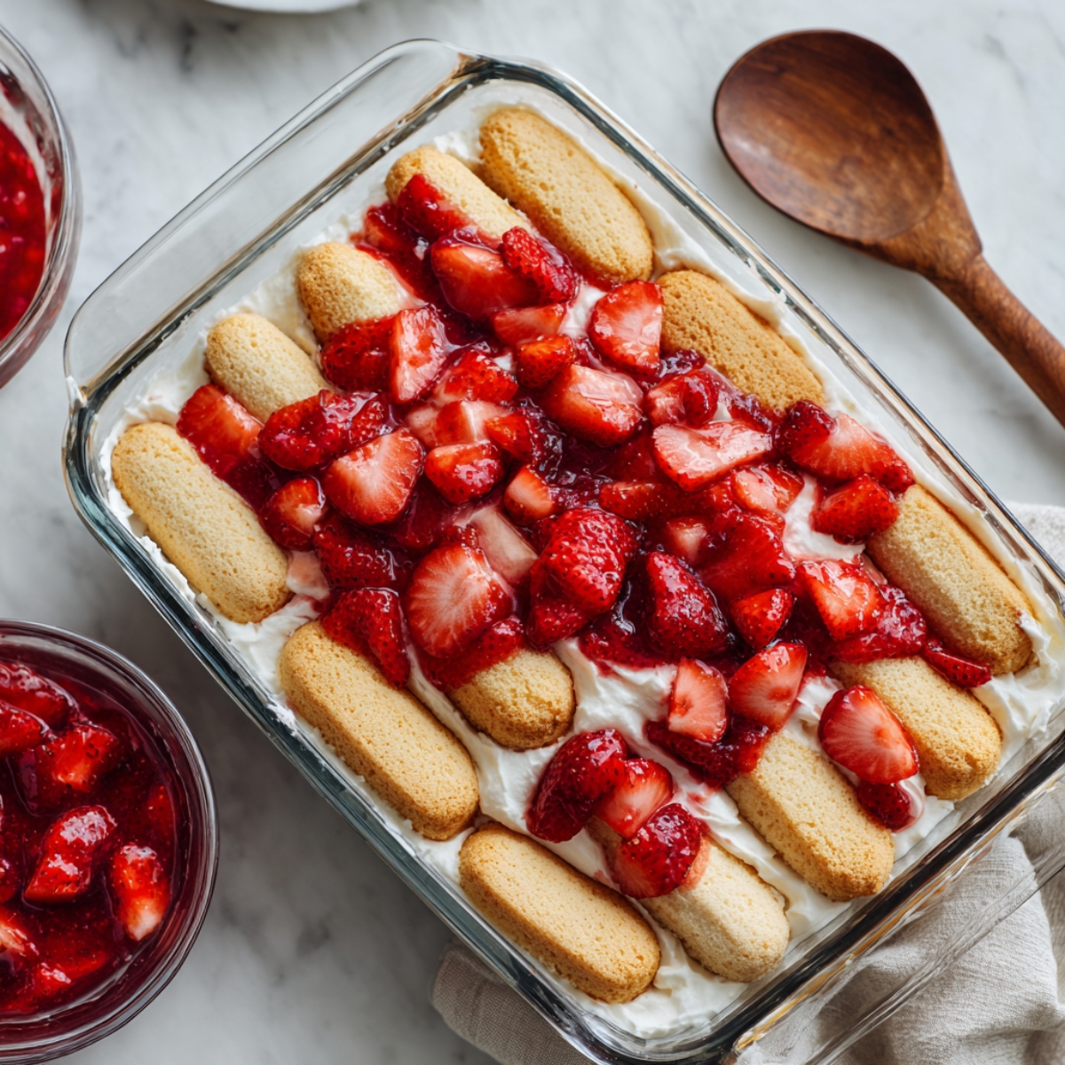 closeup of layered ladyfingers and mascarpone cream