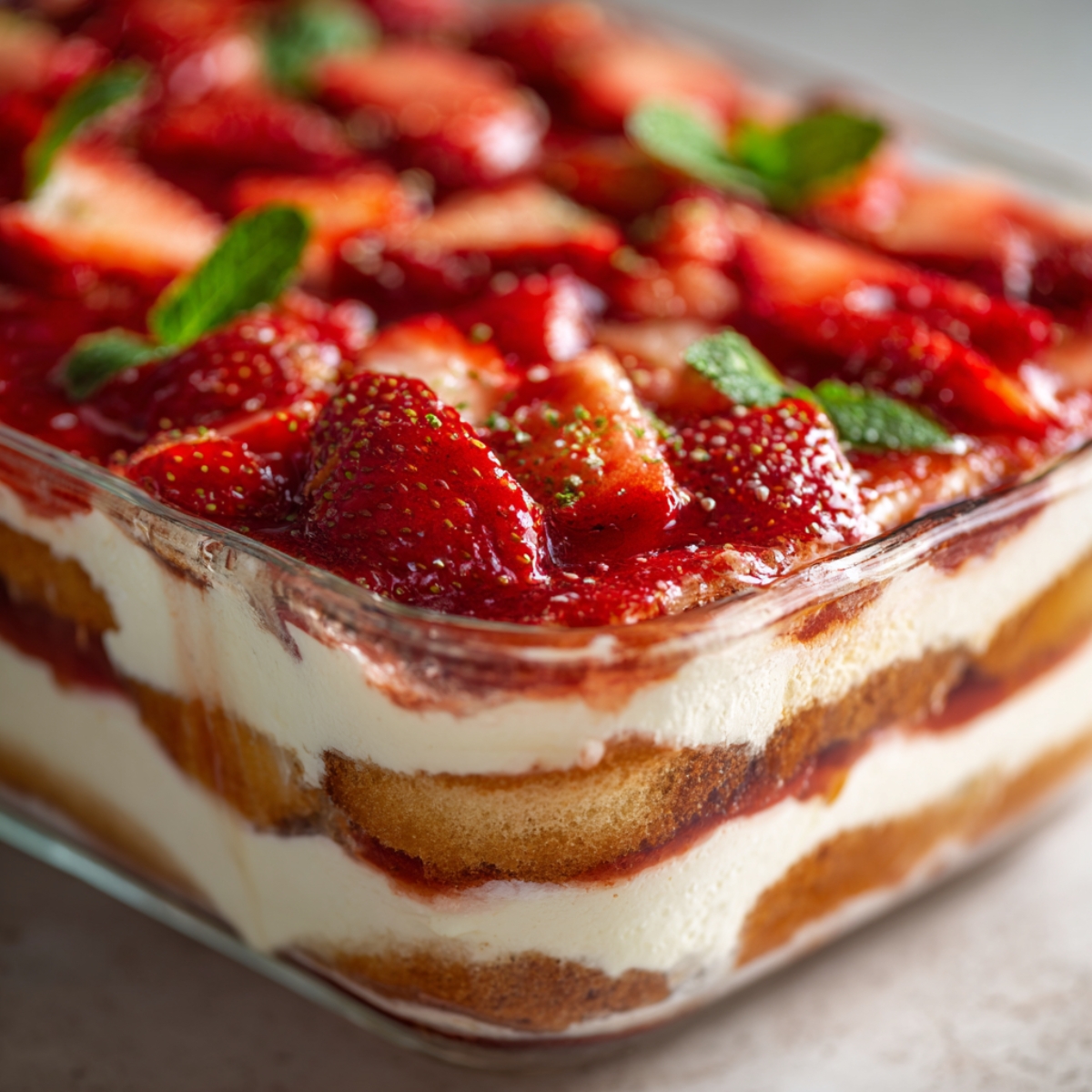 closeup of finished strawberry tiramisu layers
