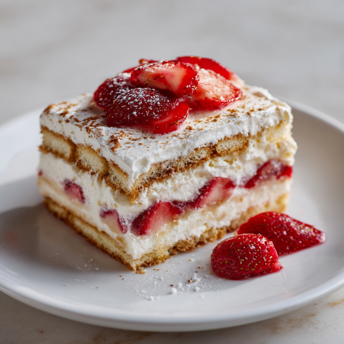 a slice of chilled strawberry tiramisu