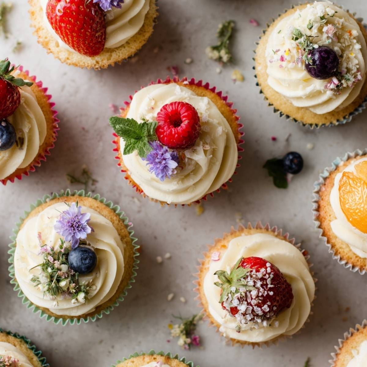 frosted summer cupcakes with berries and sprinkles