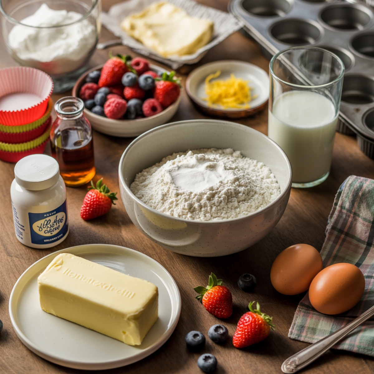 ingredients for summer cupcakes on white kitchen counter