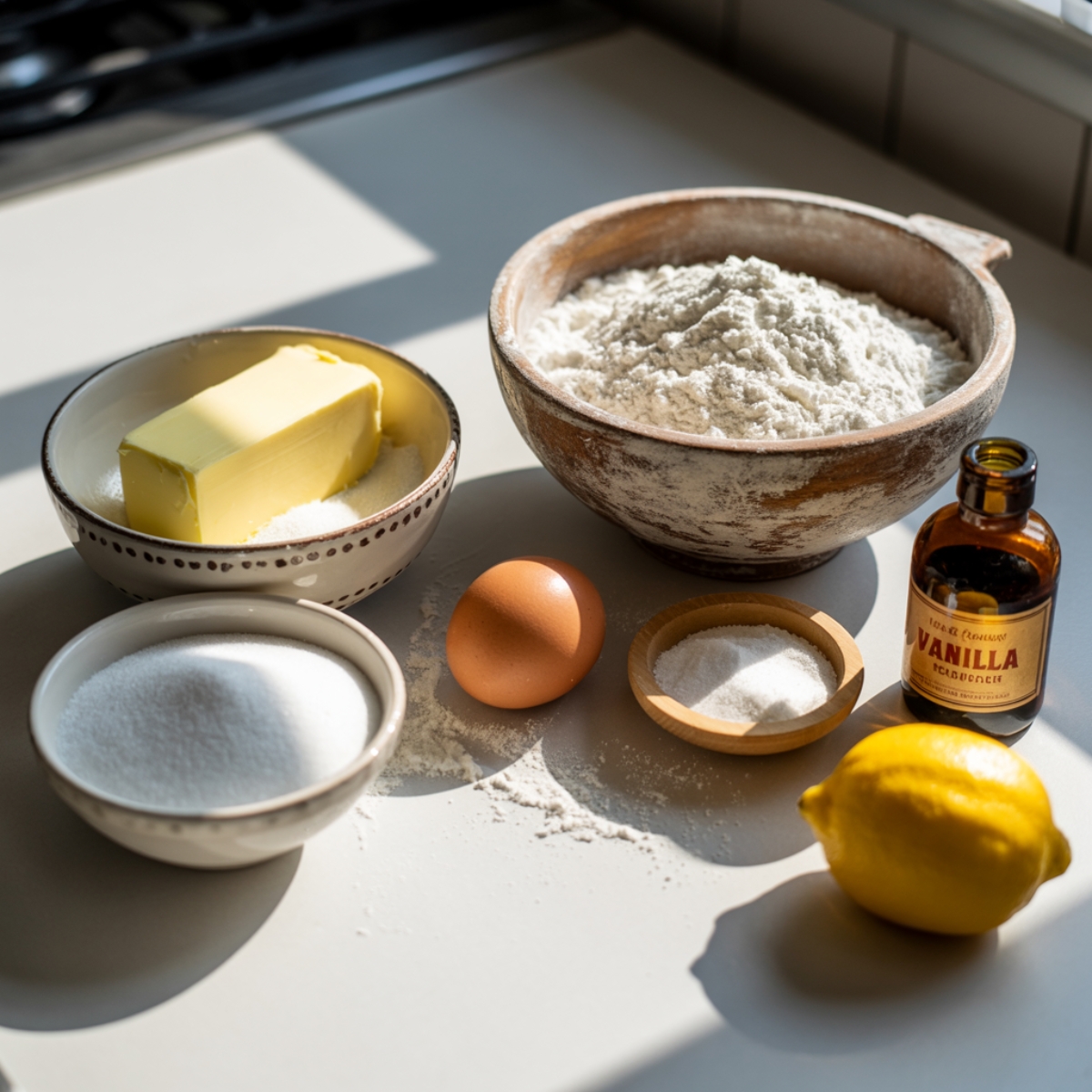 Ingredients for summer sugar cookies on white kitchen counter