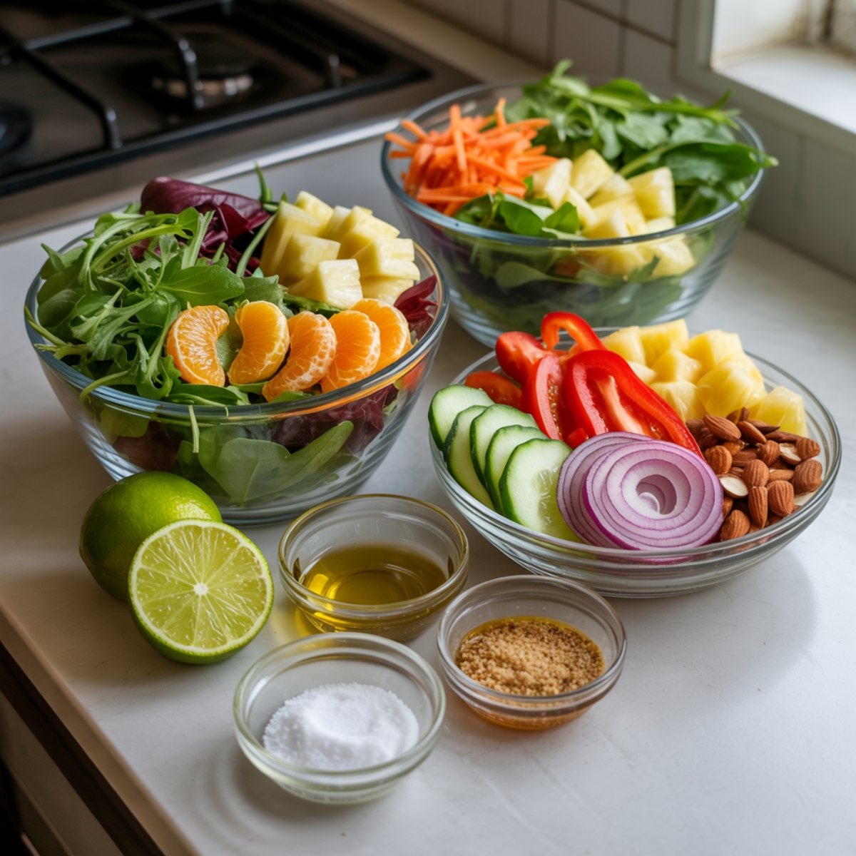 Sunshine salad ingredients on white kitchen counter in bowls

