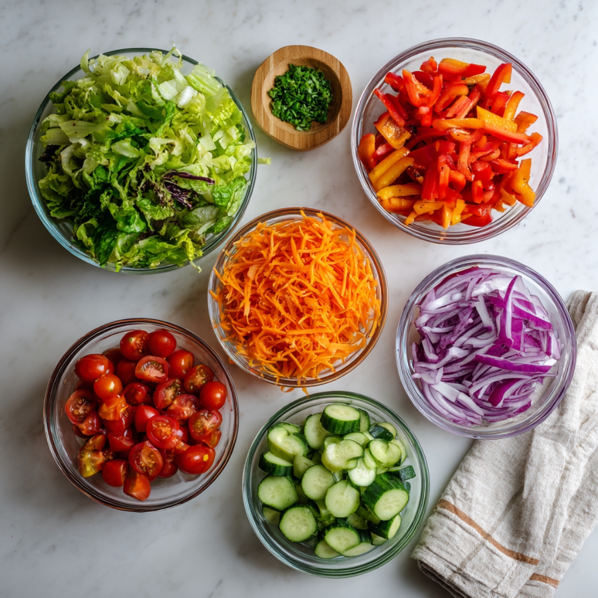 Chopped vegetables and greens for sunshine salad on counter

