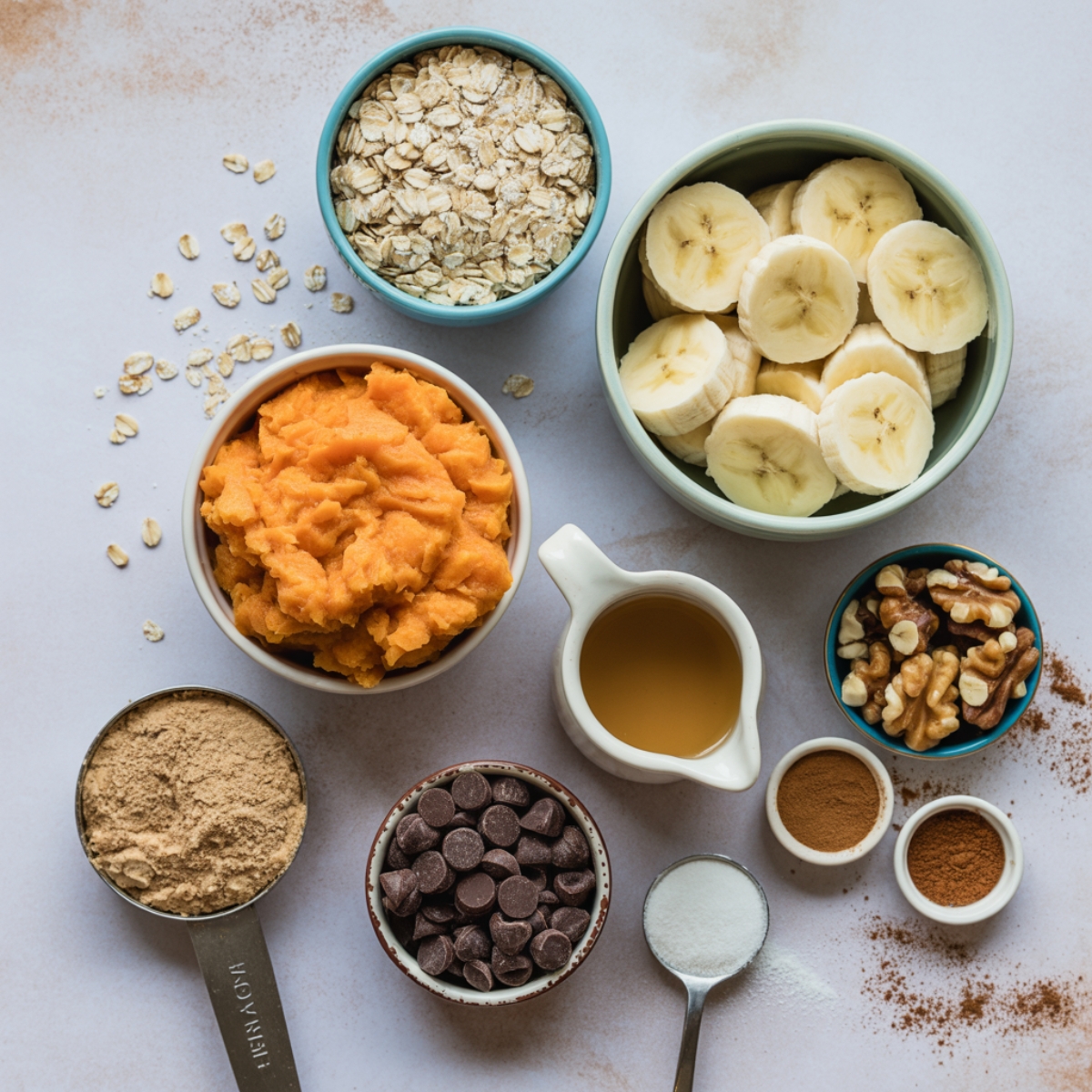 Ingredients for sweet potato breakfast cookies on white kitchen counter
