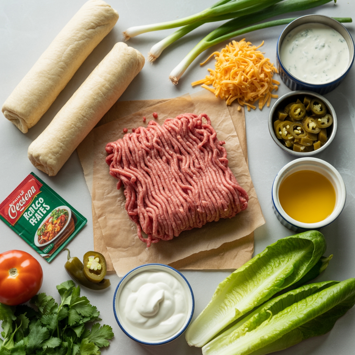 Flat lay of taco ranch bites ingredients on white kitchen counter