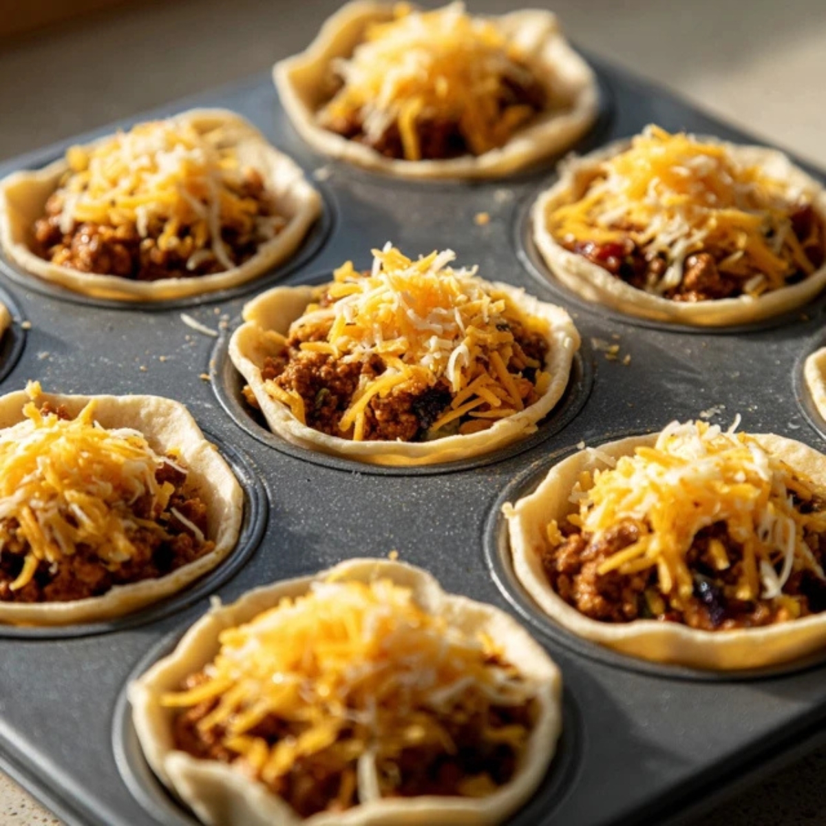 Taco ranch bites assembled in muffin tin before baking