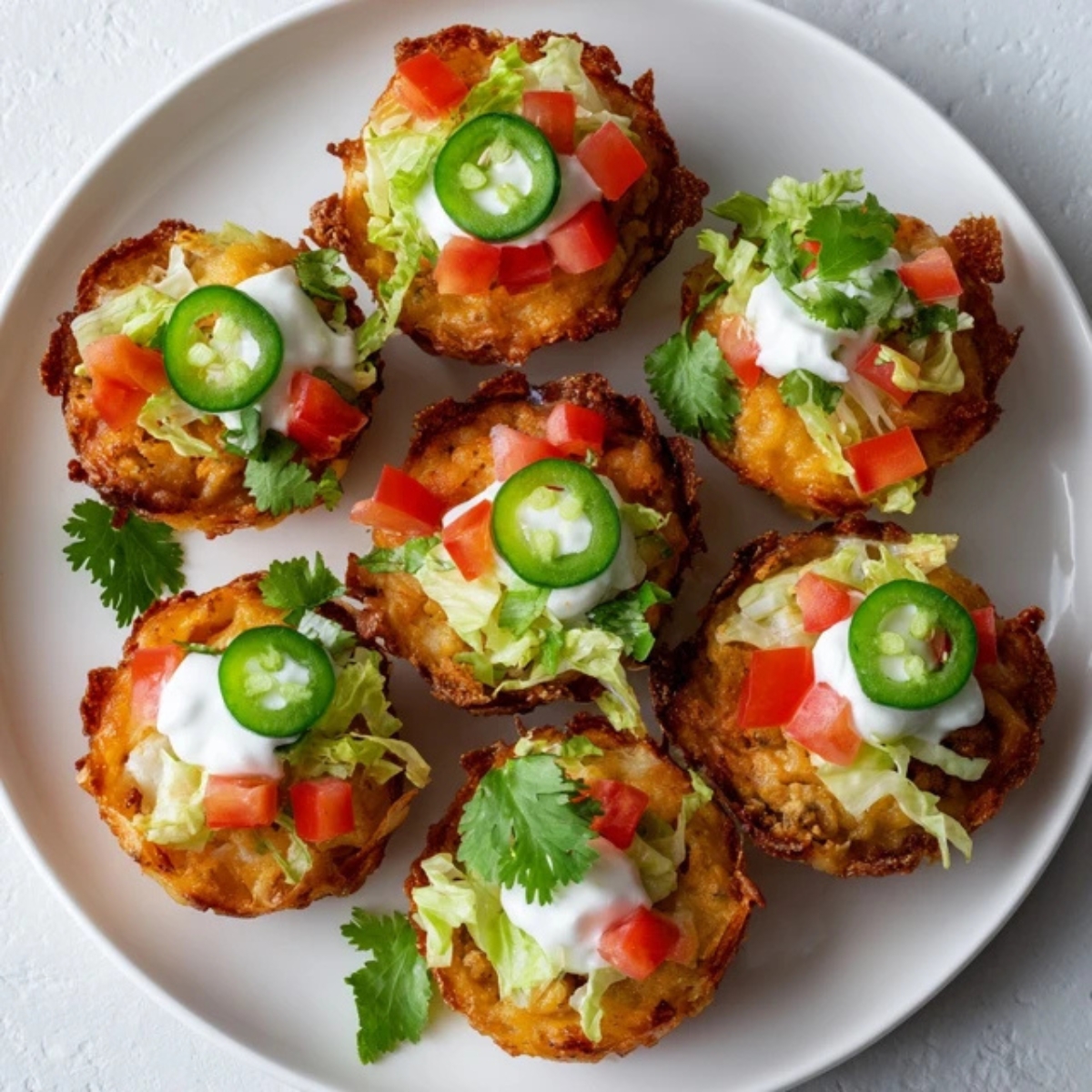 Baked taco ranch bites topped with sour cream and fresh garnishes


