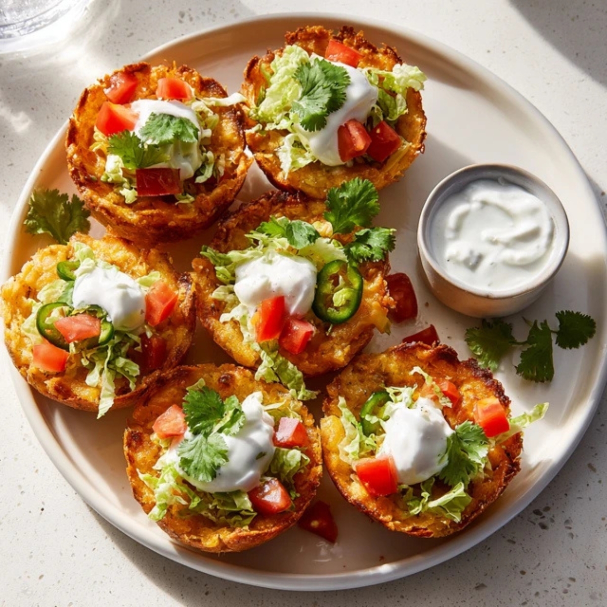 Golden taco ranch bites topped with fresh garnishes on white plate

