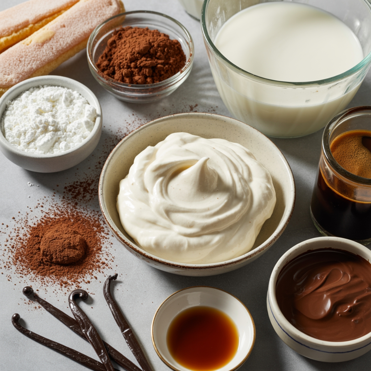 flat lay of tiramisu balls ingredients on white counter