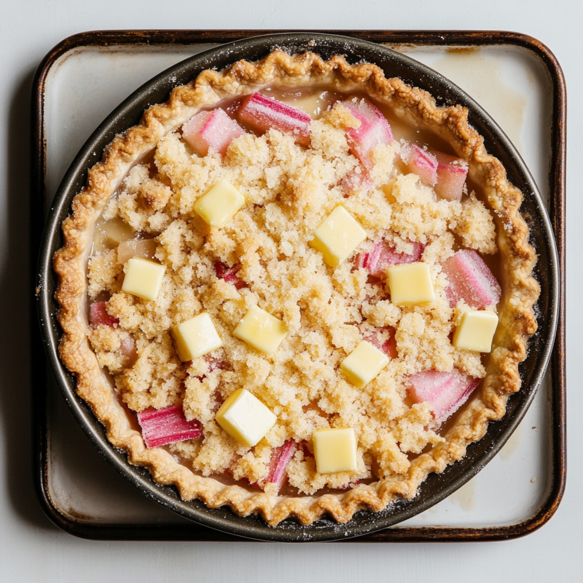 Unbaked rhubarb custard pie in pie pan
