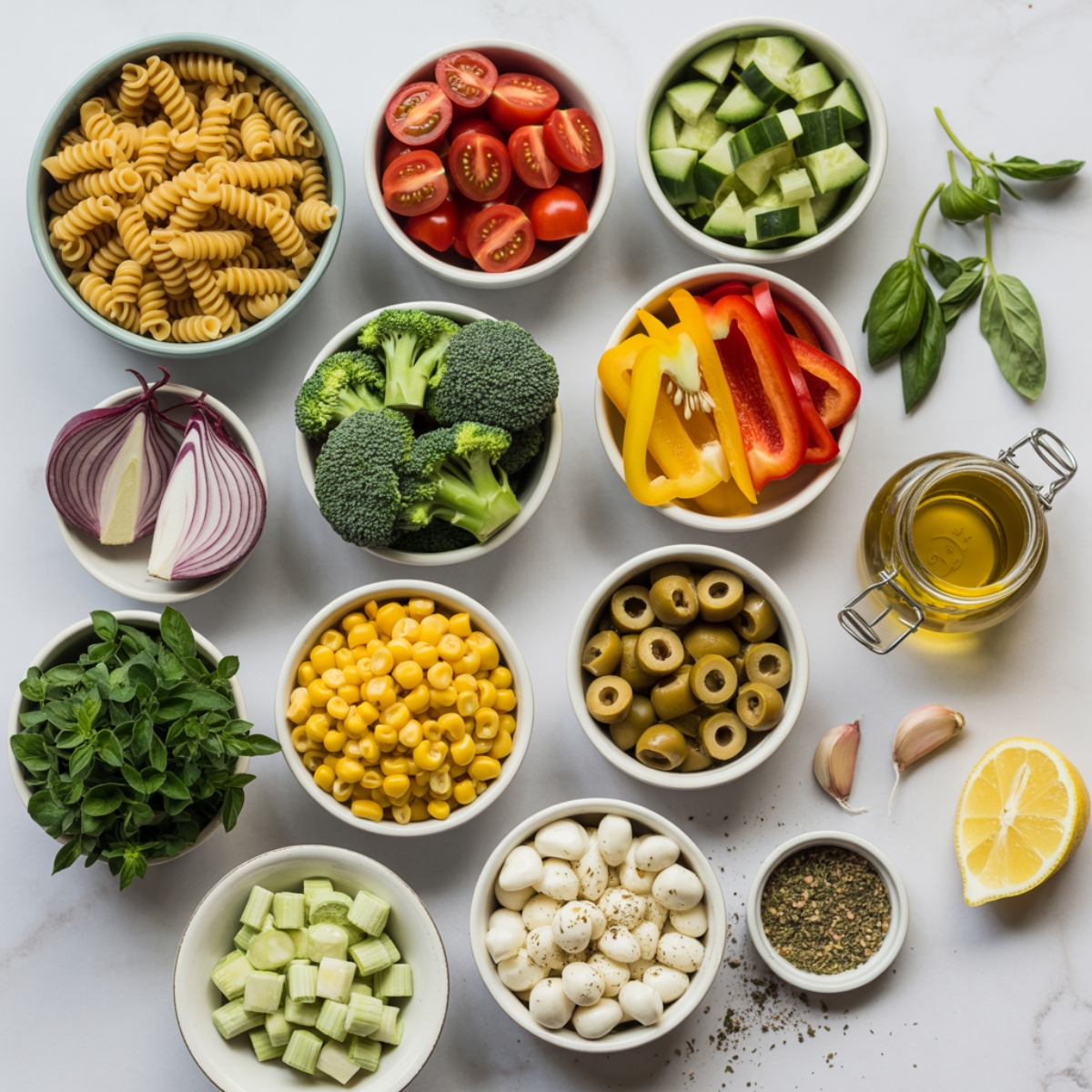 Vegetable pasta salad ingredients arranged on white counter

