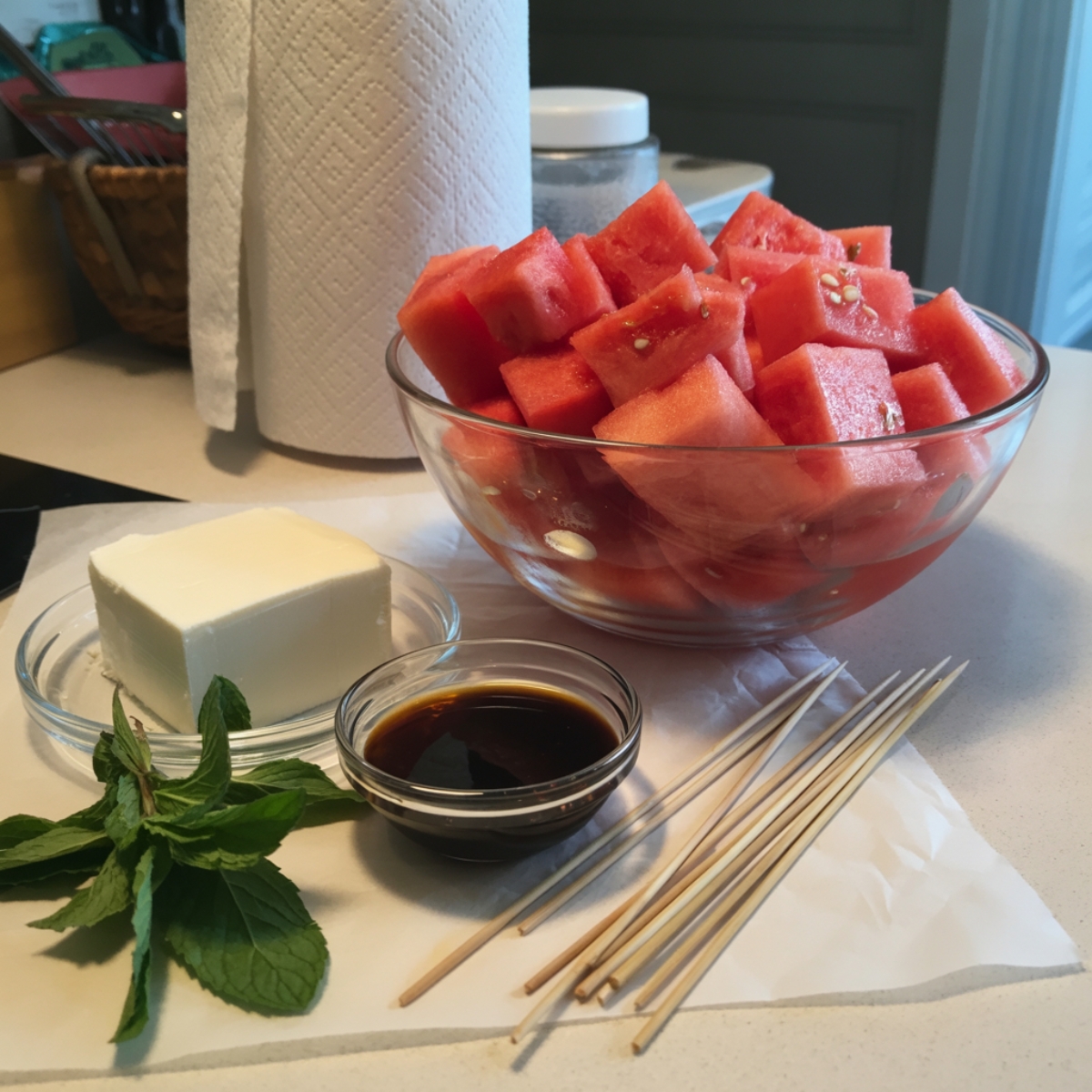 ingredients for watermelon feta skewers on white kitchen counter