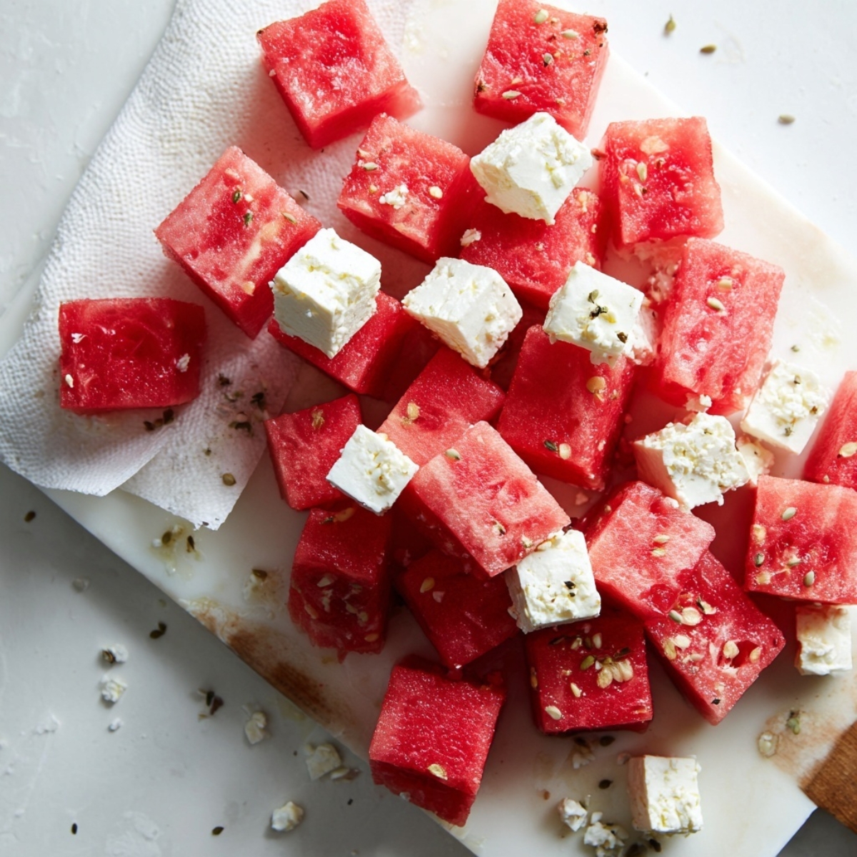 chopped watermelon and feta for watermelon feta skewers