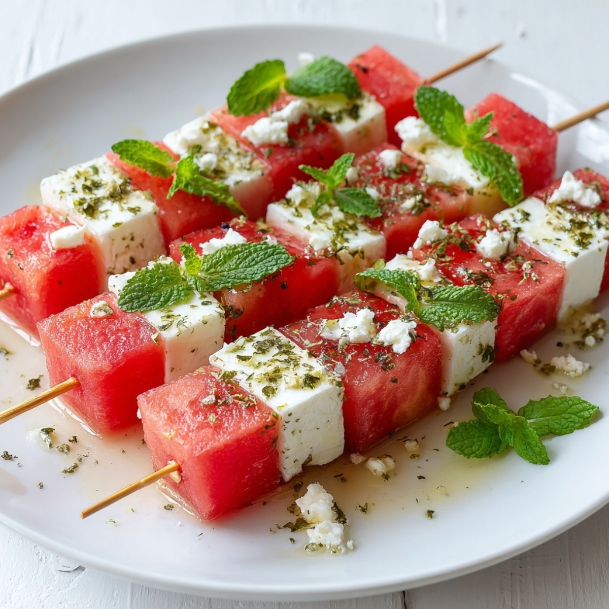 assembling watermelon feta skewers with mint on plate