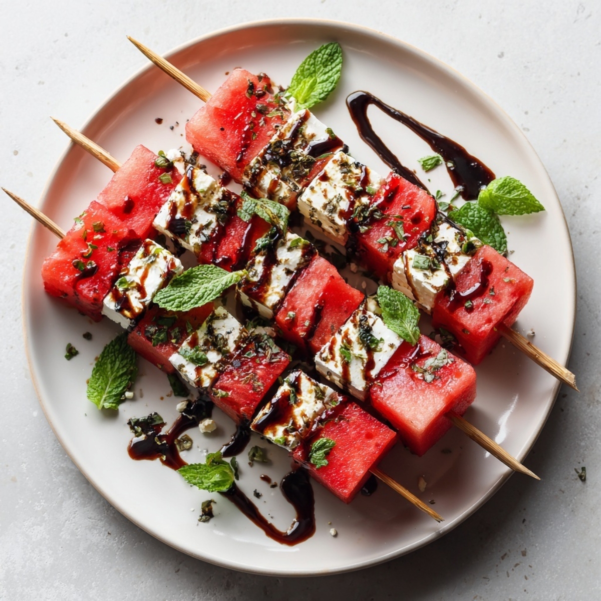 chilled watermelon feta skewers with balsamic glaze