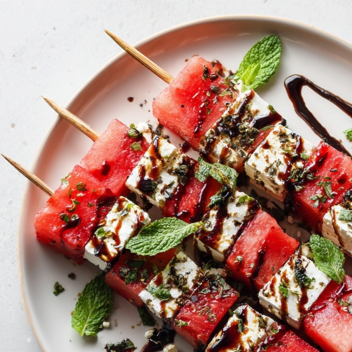 watermelon feta skewers on white platter with mint and glaze