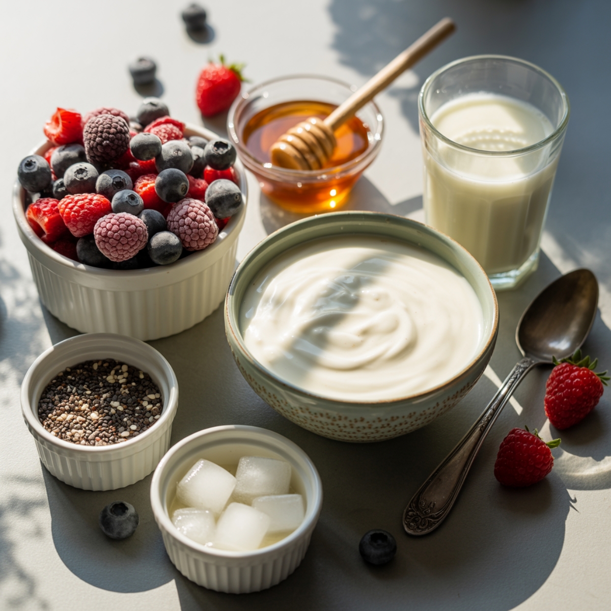 Yogurt berry smoothie ingredients laid out on white counter