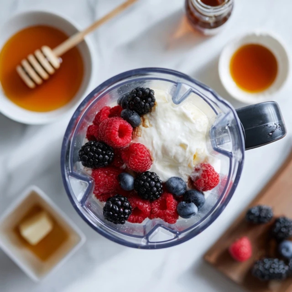 Smoothie ingredients layered in blender on kitchen counter