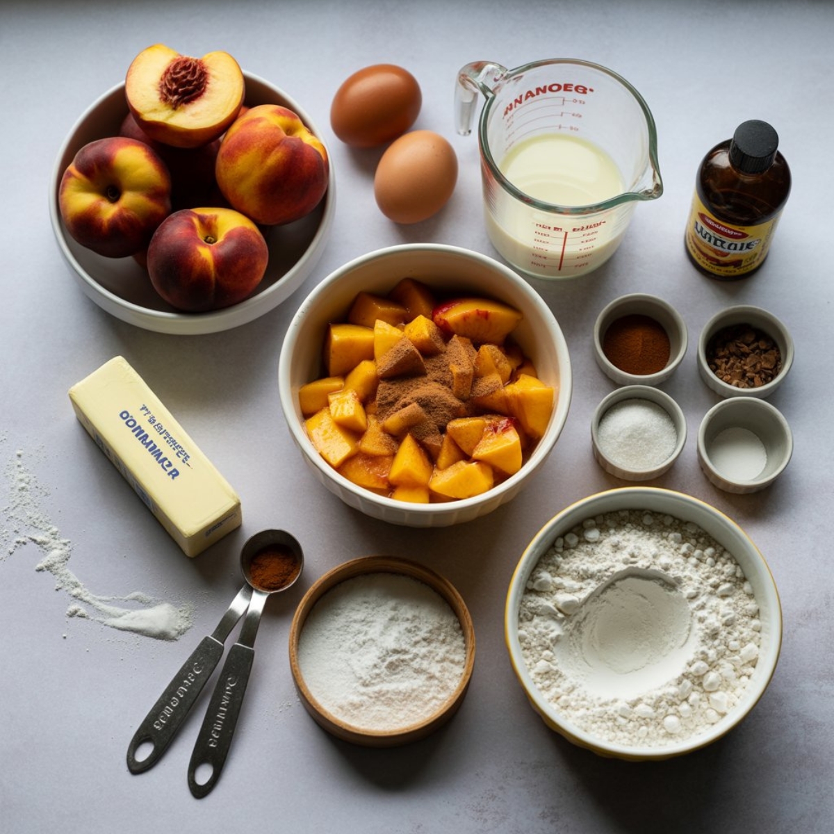 Fresh peach fritter ingredients laid out on a white kitchen counter